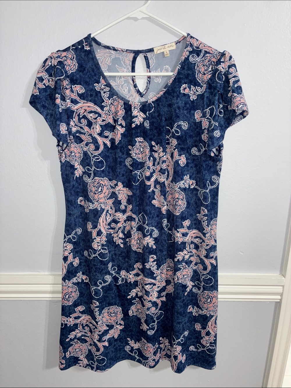 Joie De Vivre Blue Pink Floral A-Line Dress S Tulip Cap Sleeve Boho Cottagecore - Picture 1 of 11
